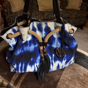 Michael Kors Marina Tie Dye Tote Blue Canvas Large Bag Tassel Gold Hardware